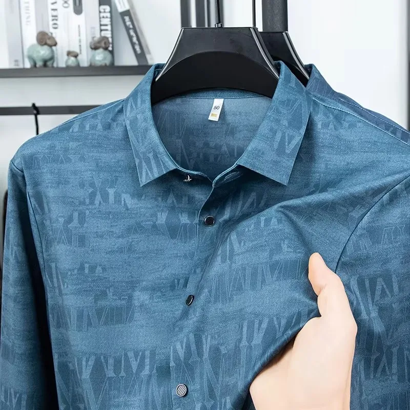 

Мужские рубашки из полиэстера, вискозы и спандекса с длинными рукавами, с принтом, шелковистые, весенние, высококачественные, мягкие, комфортные, эластичные, Camisas De Hombre