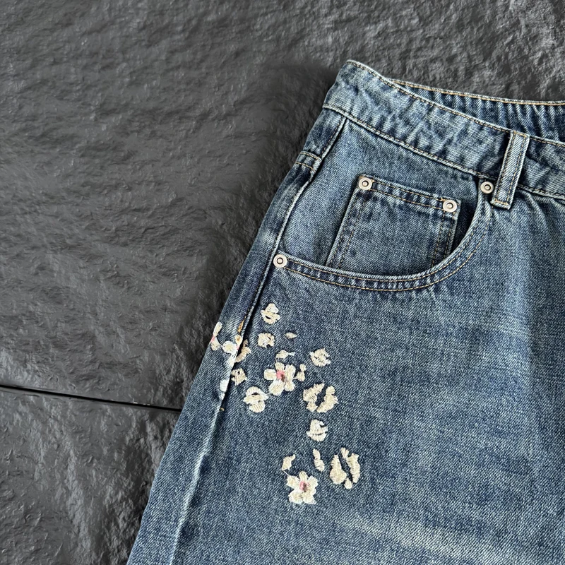 2026ss Retro Blue Wide Leg Denim Shorts High Quality Skateboard Embroidered Casual Men's Women's Shorts