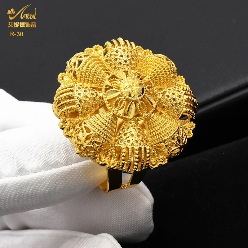 ANIID Dubai 24K Gold Color Ring For Women Resizable Wedding Bride Arabic Ethiopian Big Rings Nigerian Jewellery Moroccan