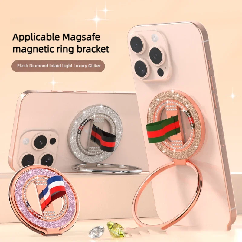

For Magsafe Cellphone Grip Phone Stand Luxury Diamond Glitter Magnetic 360° Rotation Webbing Lanyard Ring Phone Holder Grip Tok