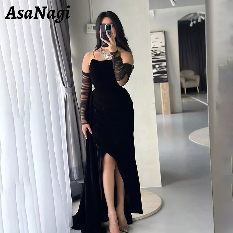 

AsaNagi Elegant Black Velvet Prom Dress Strapless Party Evening Gown Women's Ankle Length Side Slit Saudi Special Occasion Gowns