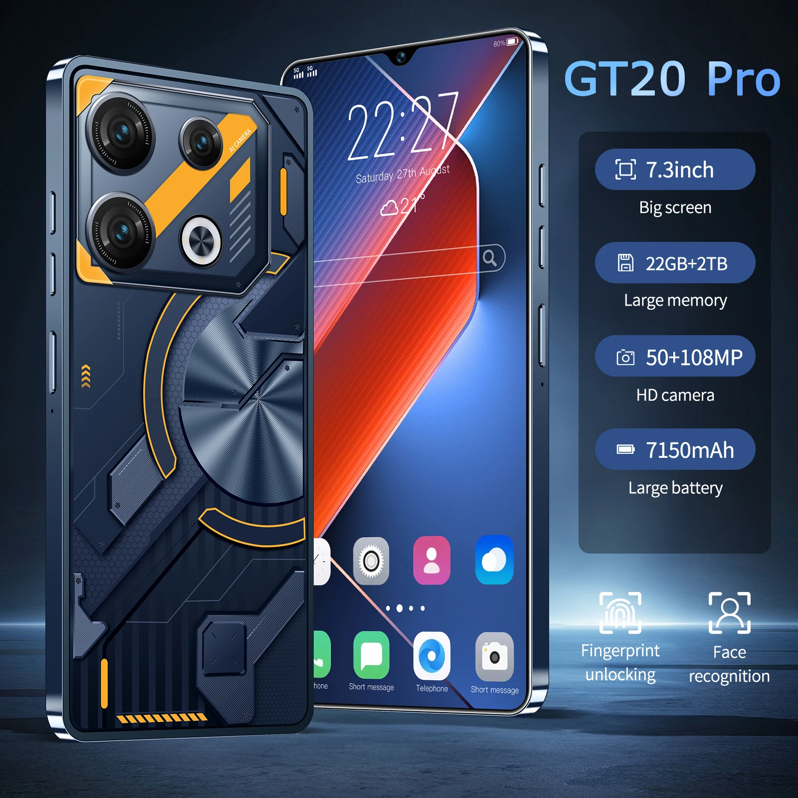 

Global Version GT20 pro 5G Smartphone 16GB+1024GB 7.3 inch 7150mAh Snapdragon 8 Gen 3 Android13 Cellphone 72MP+108MP Camera