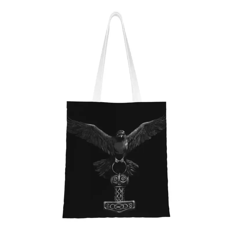 Raven With Mjolnir Hammer Groceries Shopping Bags Canvas Shopper Shoulder Tote Bag Norse  God Handbag