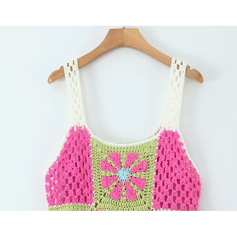 YENKYE 민족 Boho 수제 니트 격자 무늬 섹시한 슬링 드레스 여성 O 넥 슬릿 밑단 해변 휴가 여름 드레스 미디 가운