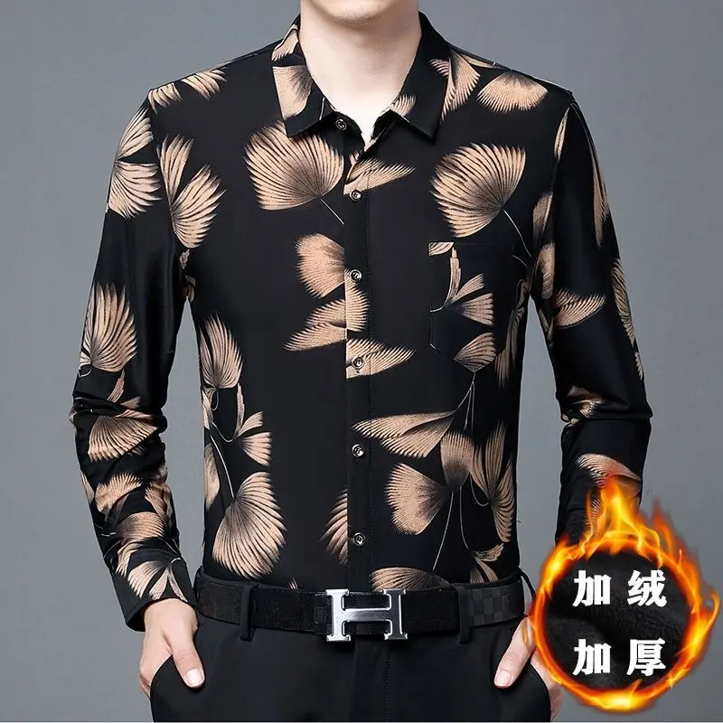 2023 New Men\'s Clothing Shirt Autumn Winter Thick Polo-Neck Long Sleeve Loose Oversized Fashion Casual Business Printed Tops