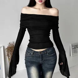 Korean Grunge Long Sleeve Crop Tops Women Off-shoulder T-shirt Autumn Spring Slim Fit Hotsweet 90s Vintage Y2K Tees Streetwear