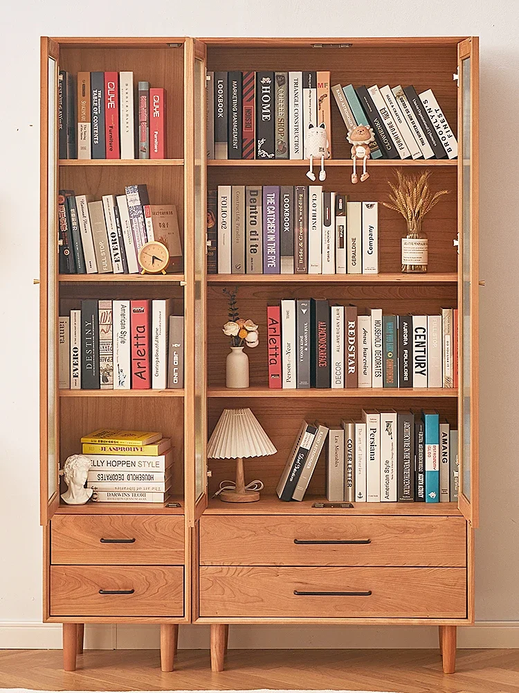 Nordic solid wood bookcase with glass door Log oak Cherry Japanese home combination bookshelf Floor shelf