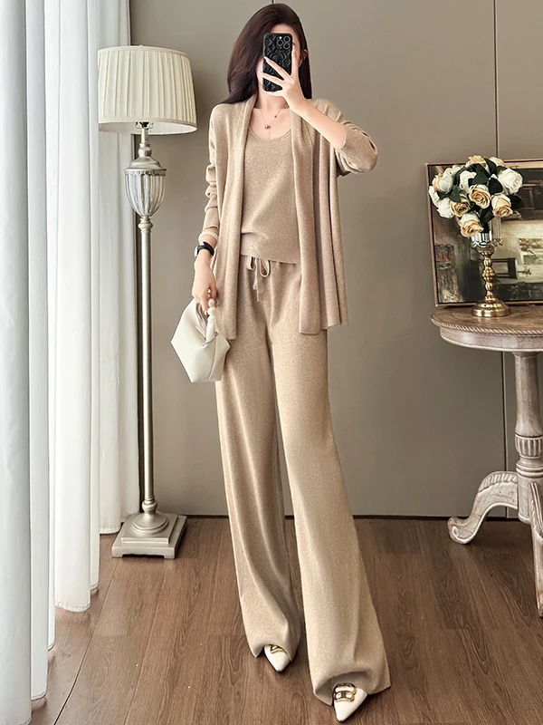 

Elegant Winter Women's Three-Piece Set with Open Cardigan Outerwear Wide Leg Pants Inner Vest Fashionable And Comfortable