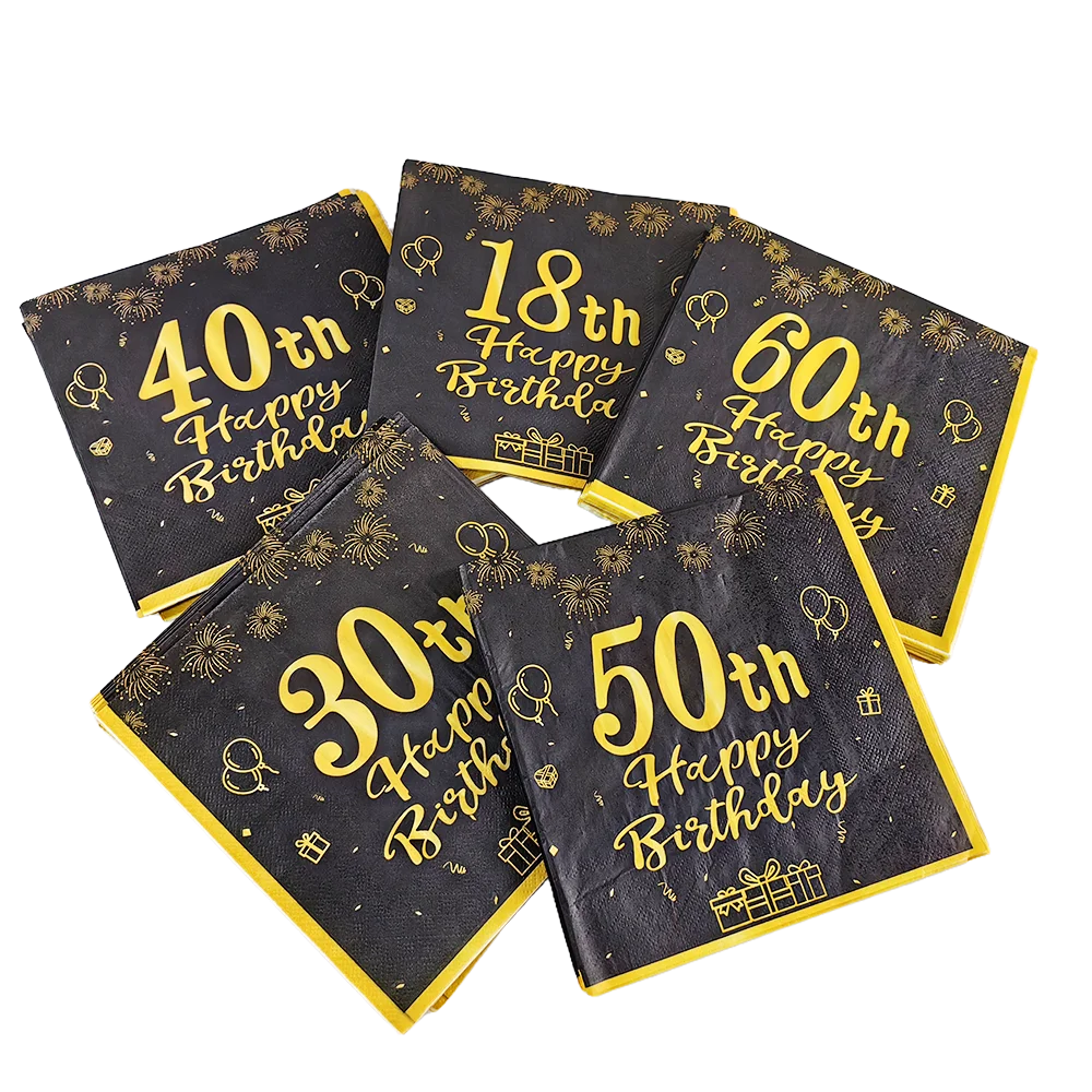 20–100 Stück Happy 40th 50th 60th Birthday Papierservietten Schwarzgold Einweg-Cocktailservietten für Geburtstags- und Jubiläumsdekoration – Detail 3