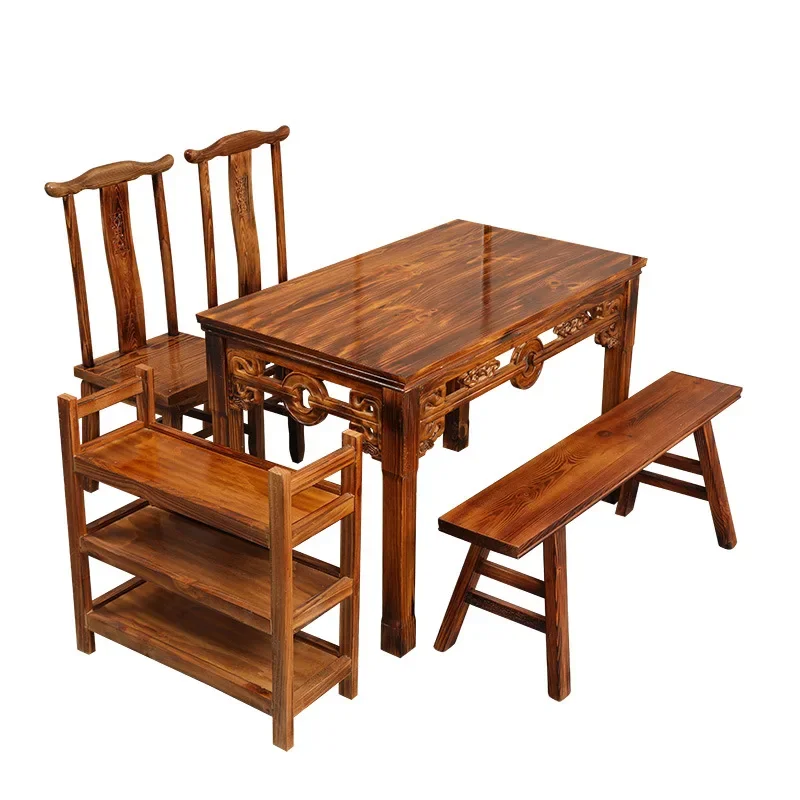 

Solid wood charcoal wood dining table Snack bar dining table, noodle restaurant fast food table and chairs