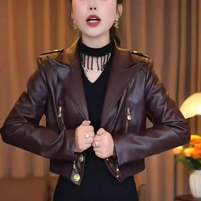 

Retro Temperament Waist And Thin Unique Long-Sleeved PU Leather Jacket Women's 2026 Spring Versatile Slim Niche Design Top Black