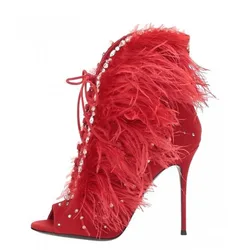 Ladies Summer Feather Cover Bling Rhinestones Decor Ankle Boots Women Lace Up Peep toe Stiletto Heels Crystal Sandals Bottines