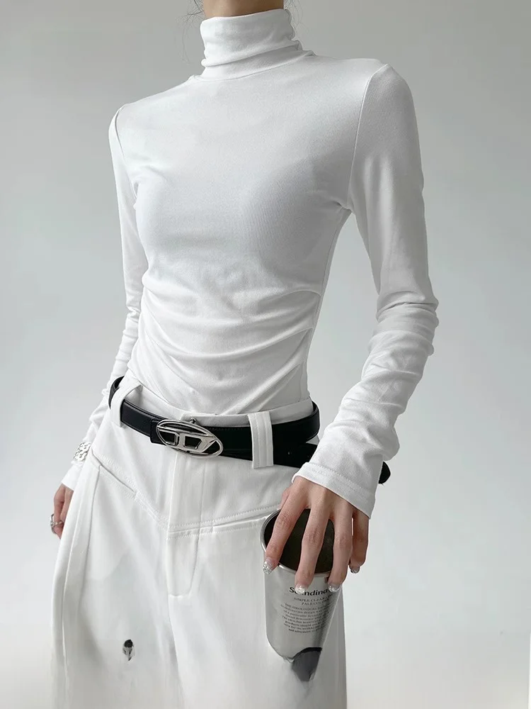 

White High Collar Knitted Slim Fit Women's Base irt Trendy ort Sve Long Winter T-irt Daily Wear Staable Neline