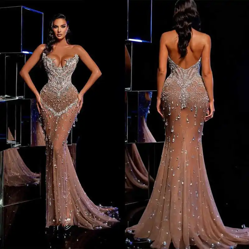 

Sexy Crystals Prom Gowns Strapless V Neck Mermiad Evening Dresses Beadeds Special Occasion Customized Dresses