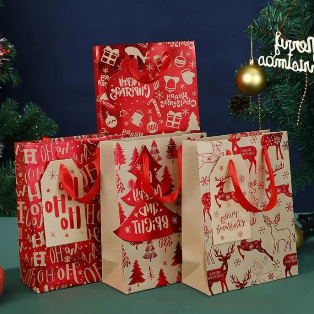 Paper Christmas Gift Bag Candy Cookie Present Wraps Elk Tree Tag Handbag Durable Handles Party Packaging Tote Bags Decoration