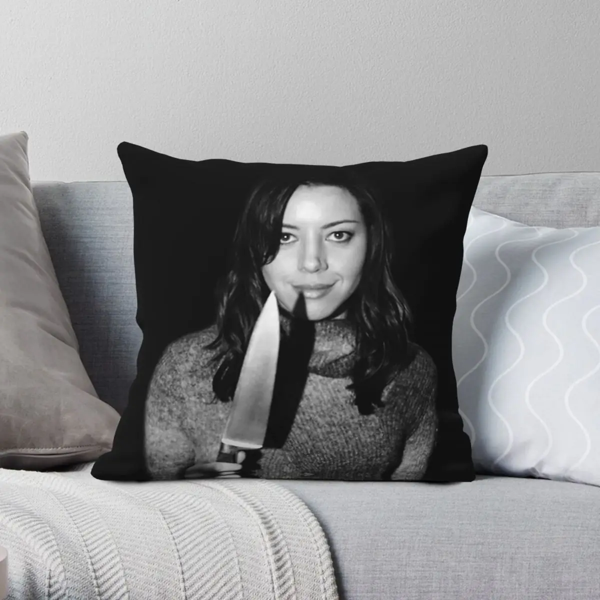 Aubrey Plaza Holding Knife Square Pillowcase Polyester Linen Velvet Creative Zip Decorative Throw Pillow Case Bed Cushion Cover