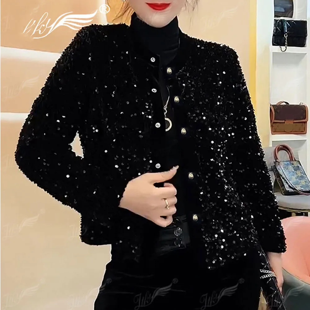 Elegant Sequin Jackets For Women Long Sleeve Party Coat Fashion O-neck Female Clothing Casual Shinny Single Breasted Outerwear