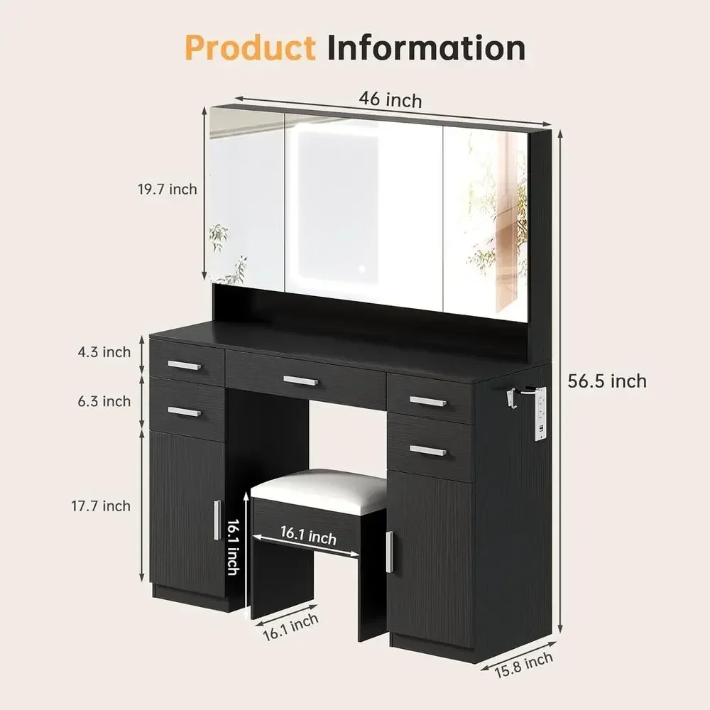 Illuminated Makeup Vanity with 7 Drawers, 3-Color Tri-Fold Mirror & Cushioned Seat, Ideal for Bedroom in Black