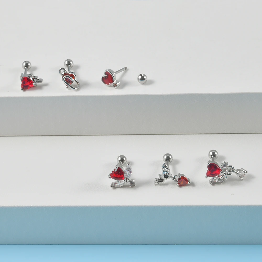 2PCS Surgical Steel Red Zircon Ear Studs Heart-Shaped Bat Evil Tragus Cartilage Screw Ball Earrings For Women Piercing Jewelry