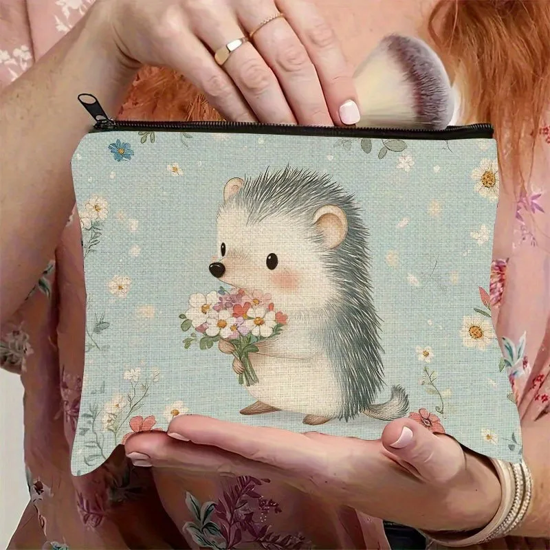 Cute Hedgehog & Floral Design Pouch Lightweight Foldable Travel Cosmetic Bag Zippered Makeup Organizer for Women Toiletry Bags