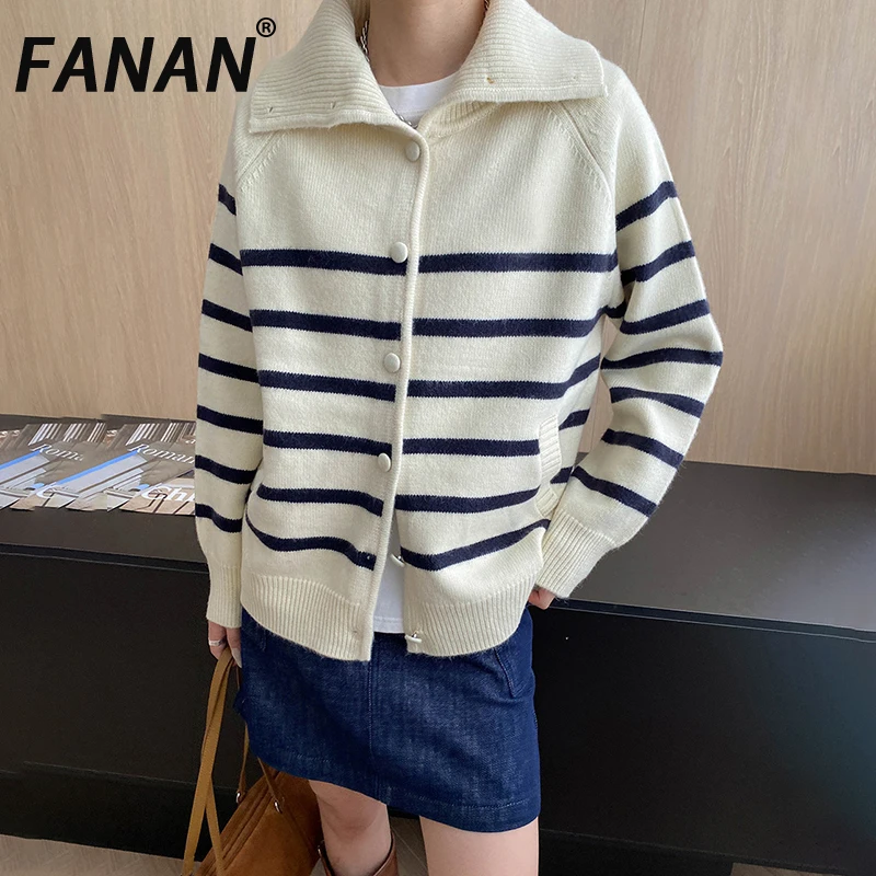 

FANAN модный полосатый свитер контрастного цвета для женщин с лацканами, однобортный офисный женский толстый теплый вязаный свитер, новинка зимы