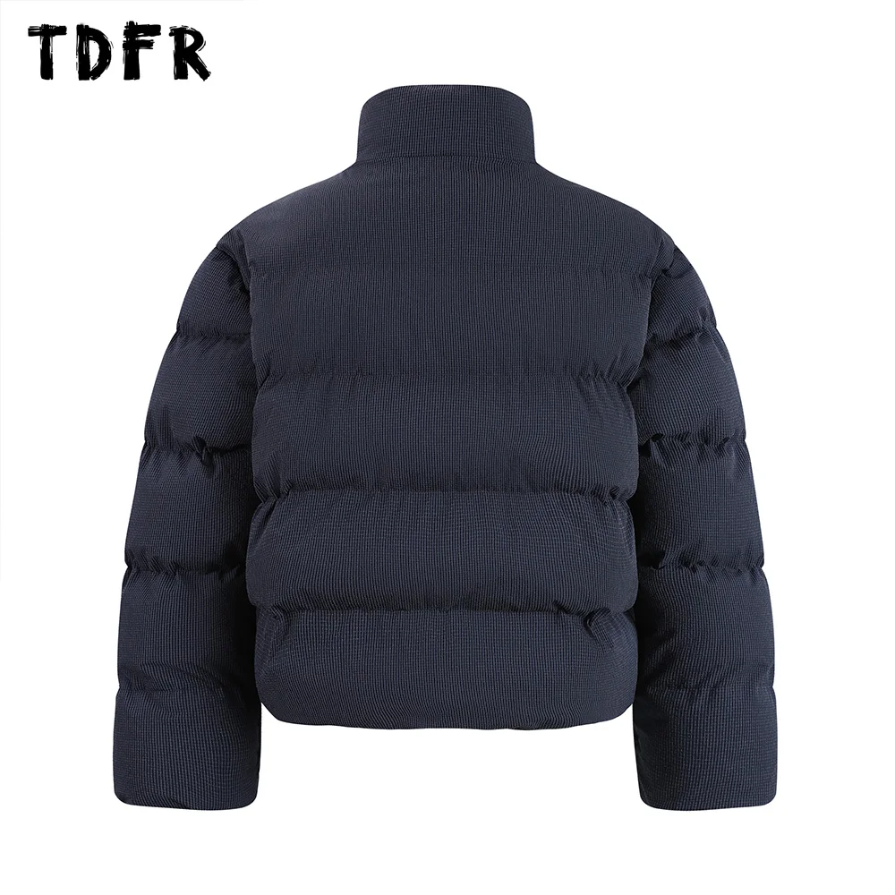 Small Plaid Embroidery Padded Jacket Mens Winter Casual Streetwear Thick Stand Collar Long Sleeve Drawstring Hem Bread Jacket