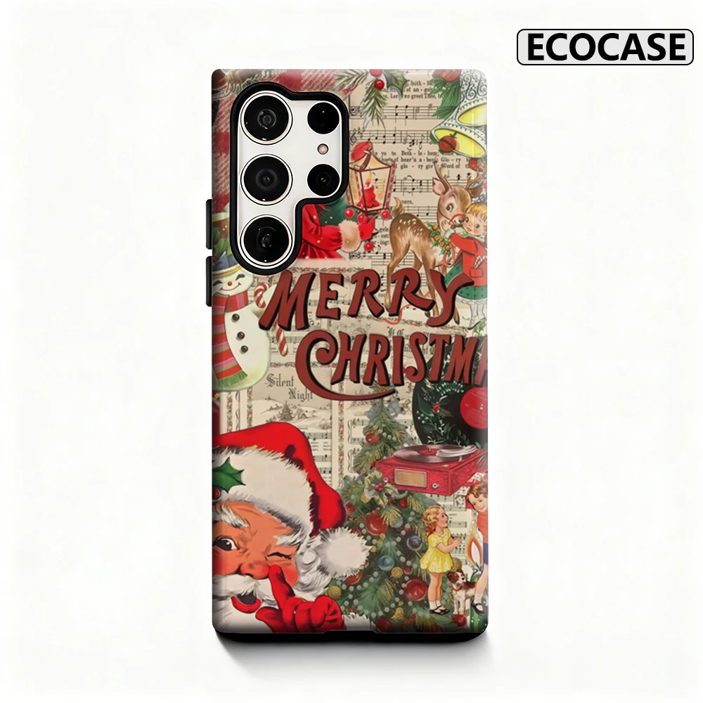 Vintage Frohe Weihnachten Handyhülle für Samsung Galaxy S25 Ultra S24 S23 Ultra Plus Glänzende doppellagige Rückseite