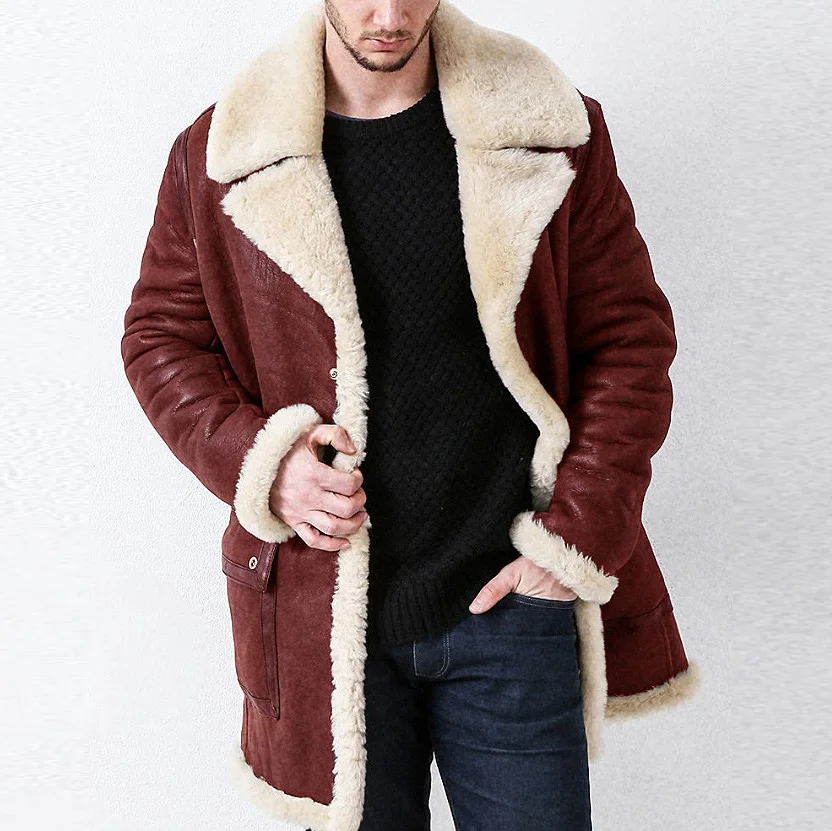 Autumn Winter Men Plush Jacket New Thicken Fleece Warm Turn Down Collar Male Coat Mid Length Long Sleeve Pocket Man Outerwear