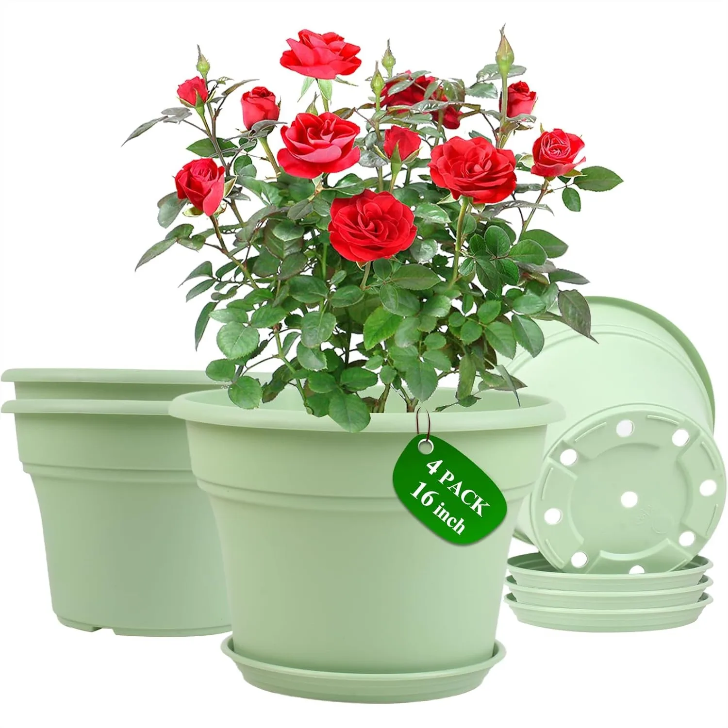 

16 inch Plastic Flower Pots for Indoor Plants, 4 Pack Large Outdoor Planters with Drainage Holes & Saucers, Lightweight and