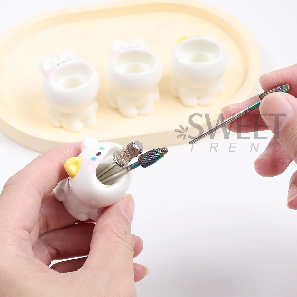2pcs Cute Cartoon Rabbit/Cat Nail Art Grinding Head Bit Holder Nail Drill Bits Manicure Holder Organizer Desktop Display Decor