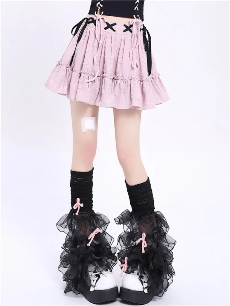 Japanese Kawaii Pleated Cake Mini Skirt Women Sweet High Waist Bow Lace Up Fairy Y2k Skirt Harajuku A-line Slim Lolita Skirts