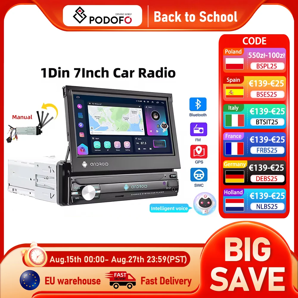 Podofo 1Din 8Core 8 + 128G Autoradio 7 Android Auto Carplay Schermo retrattile Autoradio WIFI 4G DSP GPS AI Voce Schermo diviso