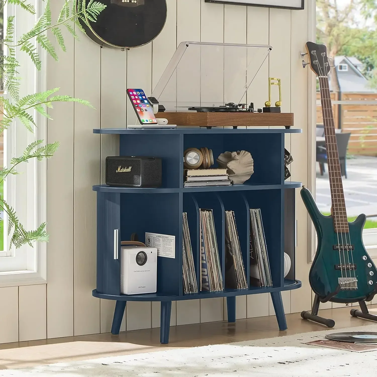 Large Round Record Player Stand with Charging Station & Fluted Panel,Navy Blue Mid Century Modern Turntable Cabinet with Vinyl S