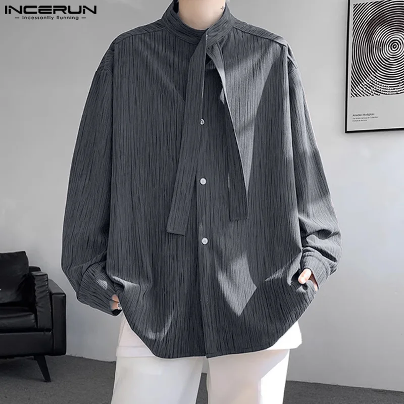 

INCERUN Tops 2024 Korean Style Fashion Men Ribbon Tie Design Shirts Casual Streetwear Male Solid Loose Long Sleeved Blouse S-5XL