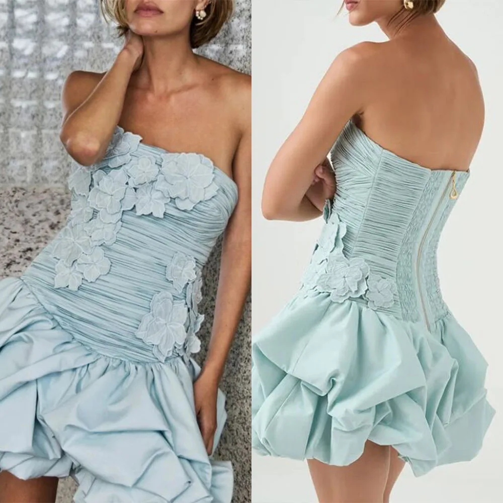 High Quality Customized Strapless Blue Above Knee Pleat Backless Zipper Appliques Robe Vestidos De Fiesta Para Bodas فساتين سهره
