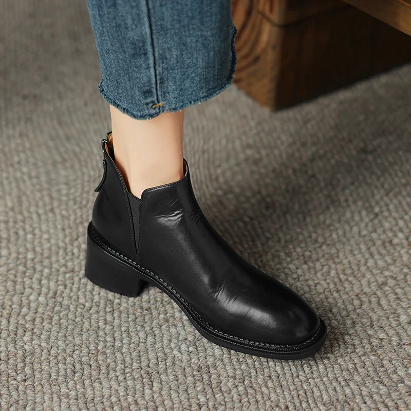 2024 New Autumn Women Boots Round Toe Chunky Heel Leather Boots Genuine Leather Women Shoes Ankle Boots Genuine Leather  Ladies