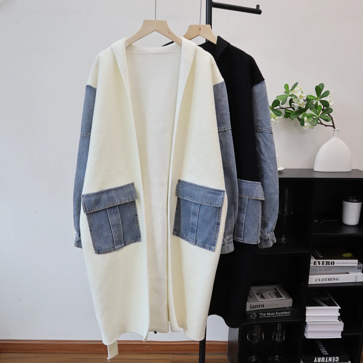 

Women Knitted Cardigan Jumpers Casual Denim Sweater Lace Up Patchwork Turn Down Collar Long Sleeve Thick Open Stitch 2025 Autumn