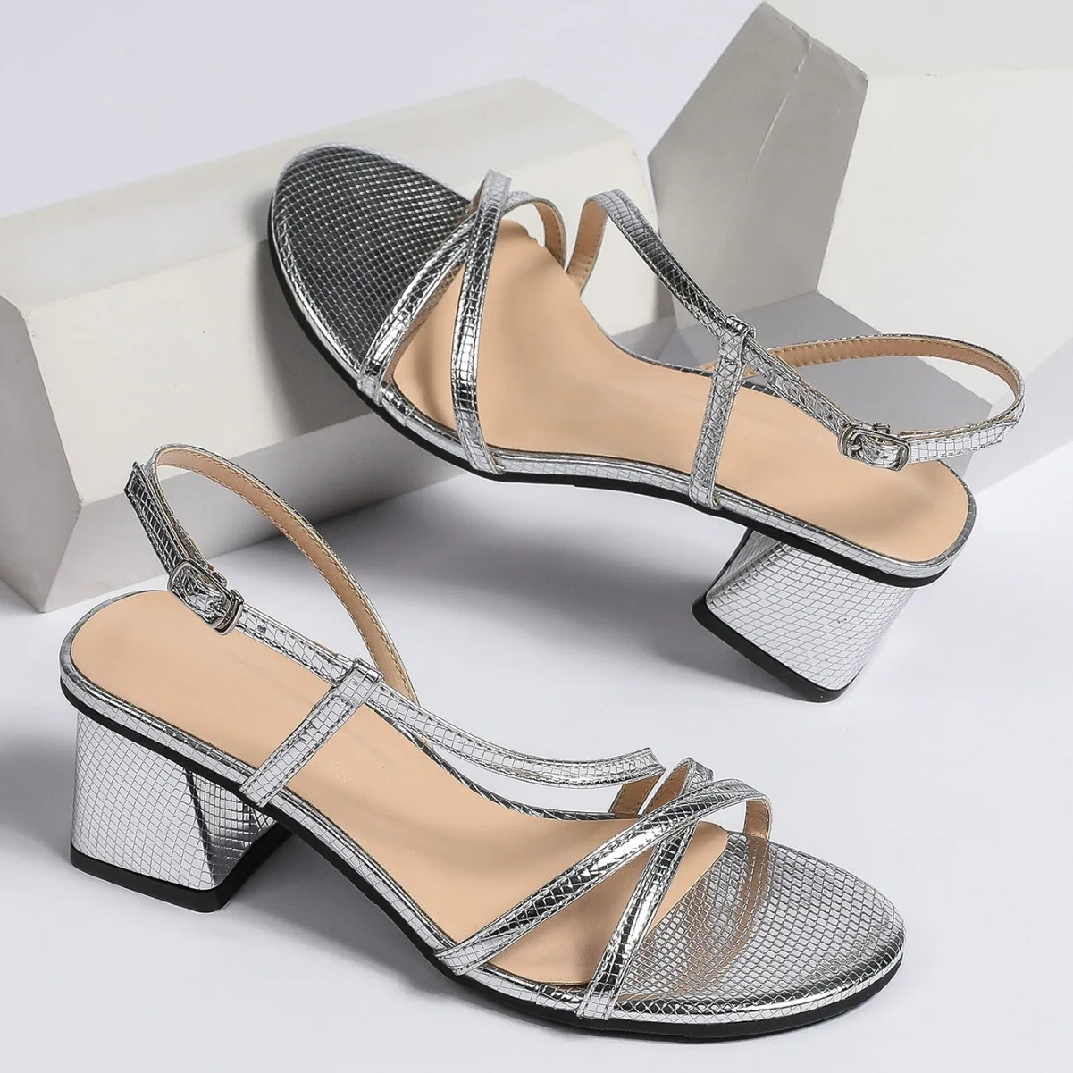 Female Sandal Clear Heels Spring Shoes Round Toe Large Size Girls Comfort Big Low Lace Up Fashion High Beige Rubber Back Strap L