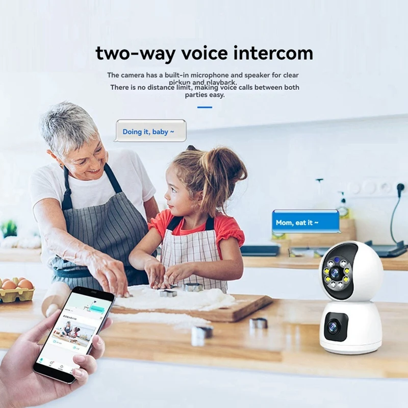 Cámara de vigilancia con doble lente para el hogar, Monitor de bebé, protección de seguridad, Wifi, PTZ, intercomunicador de vídeo, 2MP
