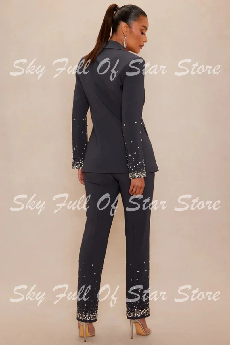Dark Grey Gradient Rhinestone Cuff Women Suit 2 Pcs Blazer+Pants Custom Formal Wedding Bride Evening Party Office Lady Coat Set