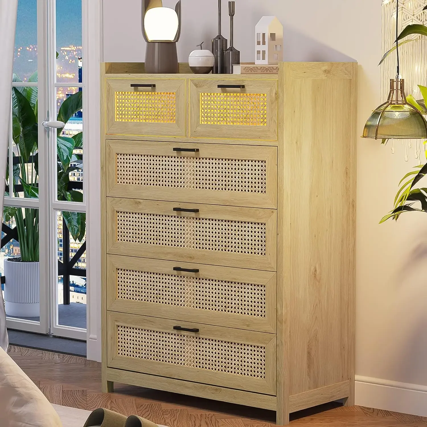 

Drawer Dresser for Bedroom, Rattan Chest of Drawers , Wood Storage Dresser Chest with Metal Handle, Modern Dresser for Closet