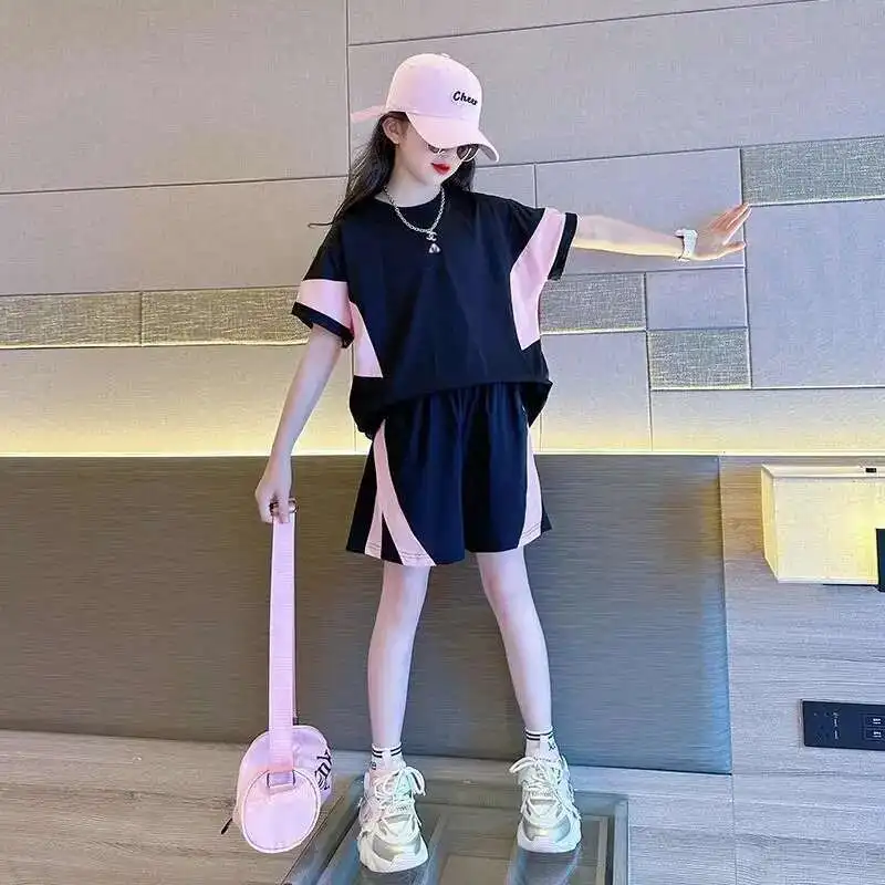 

New Girls Fashion Breathable Mesh Contrast Color Patchwork Tees+Pants 2pcs Sportsuits 7-14 Years Teenage Kids Clothes Sets