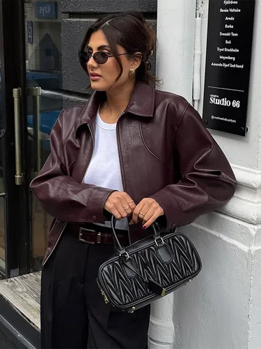 Imagen 2 del producto Abrigo corto de cuero con solapa Borgoña, chaquetas Retro de manga larga con cremallera para mujer, nuevas chaquetas de calle a la moda de otoño 2025