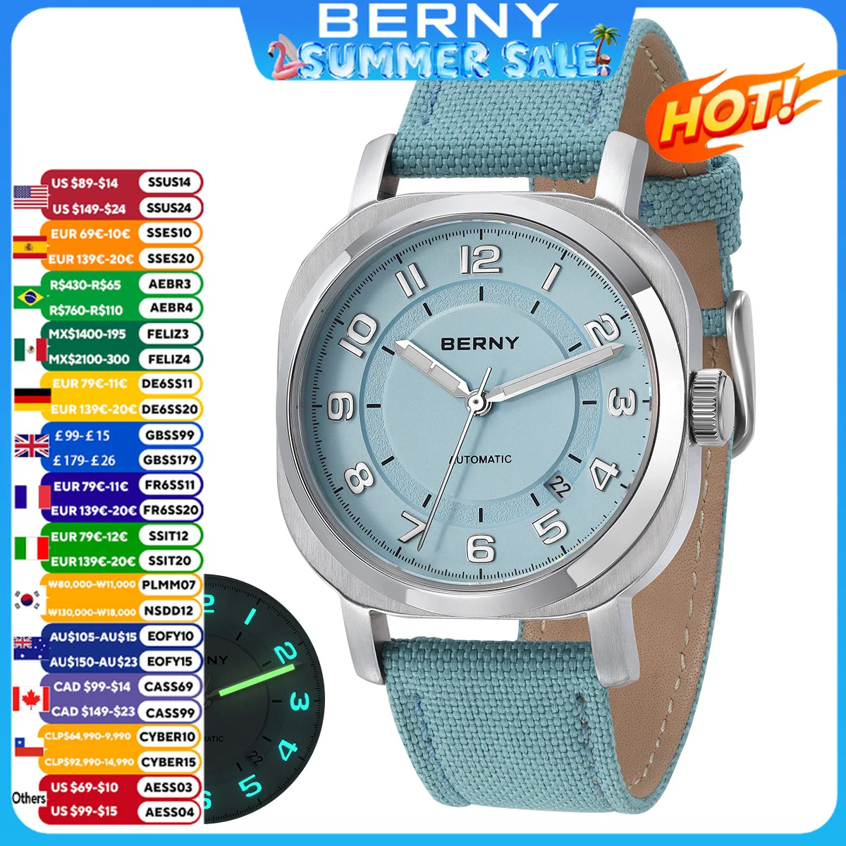 

BERNY Mechanical Watch For Women Self-wind Pillow Cushion Sapphire Super Luminous Wristwatch Canvas Calendar Watch For Ladies