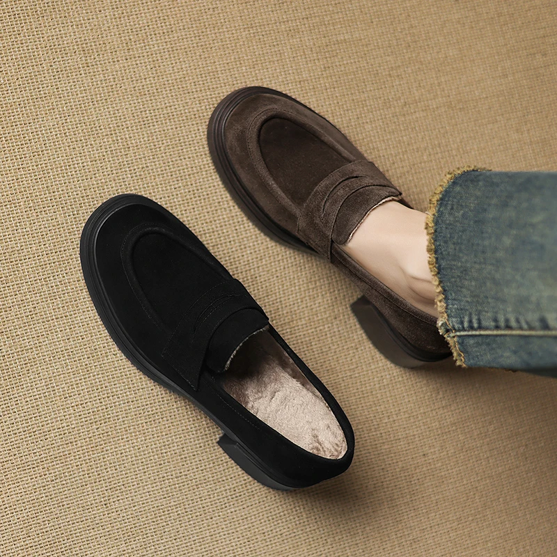 2026 new autumn winter women pumps natural leather 22-25cm kid suede+wool round toe thick heel loafers fashionwomen shoes