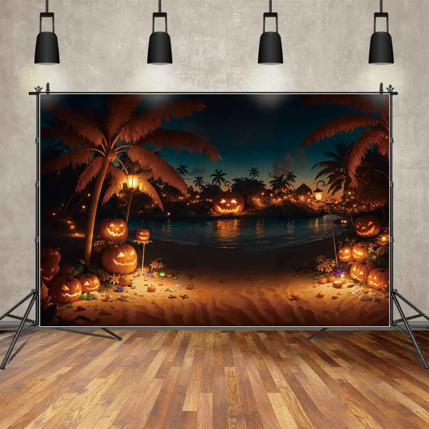 

MOON.QG Photo Backdrop Tropical Beach Sand Pumpkin Halloween Background Palm Tree Decoration Children Trick Or Treat Party Props