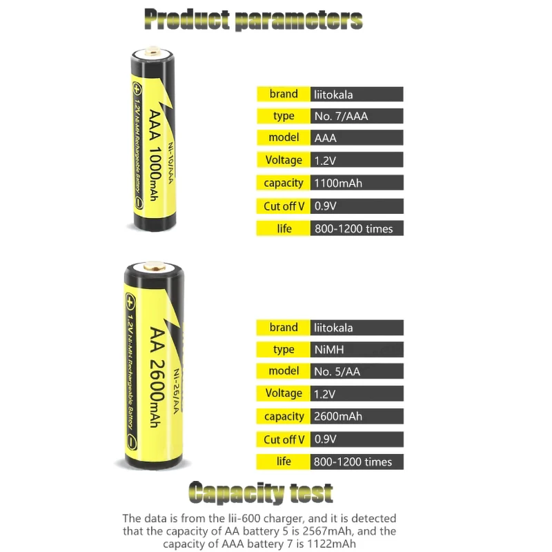 LiitoKala Ni-26/AA 1.2V 2600mAh nickel hydrogen AAA 1000 rechargeable battery,  for flashlights, toys, cameras, remote controls