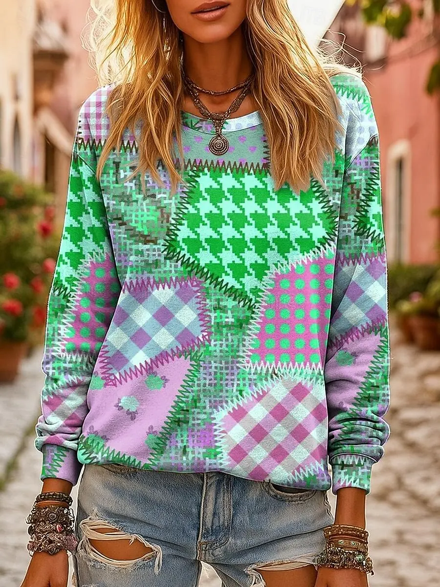 خريف شتاء البلوز المرأة الجرافيك هندسية الرجعية البلوز ثلاثية الأبعاد يطبع س الرقبة طويلة الأكمام بلايز ملابس نسائية Y2K الشارع الشهير #5