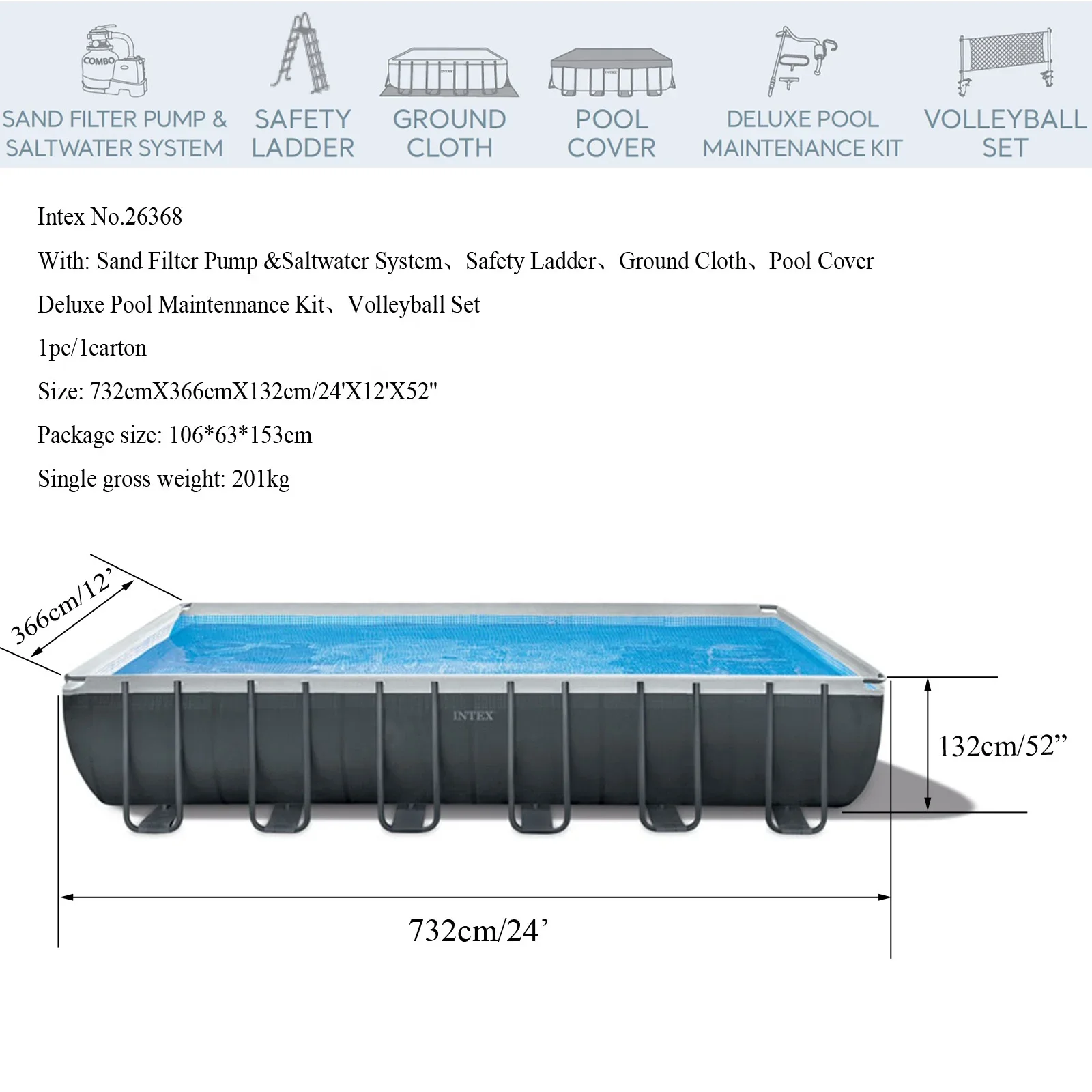 Intex 26368  24FT  7.3m Large Rectangular Steel Frame  Swimming  Pool Set to buy with sand filter pump