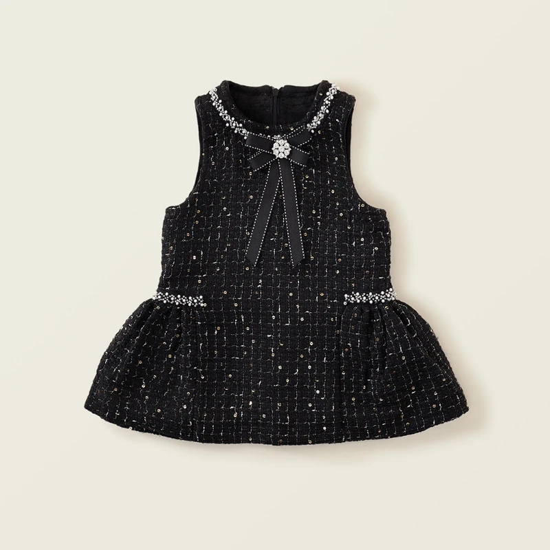 Autumn Girls' Coarse Tweed Sleeveless Vest Dress Winter Baby Black Elegant Rhinestone Hot Stamping Dress Kids Dresses for Girls